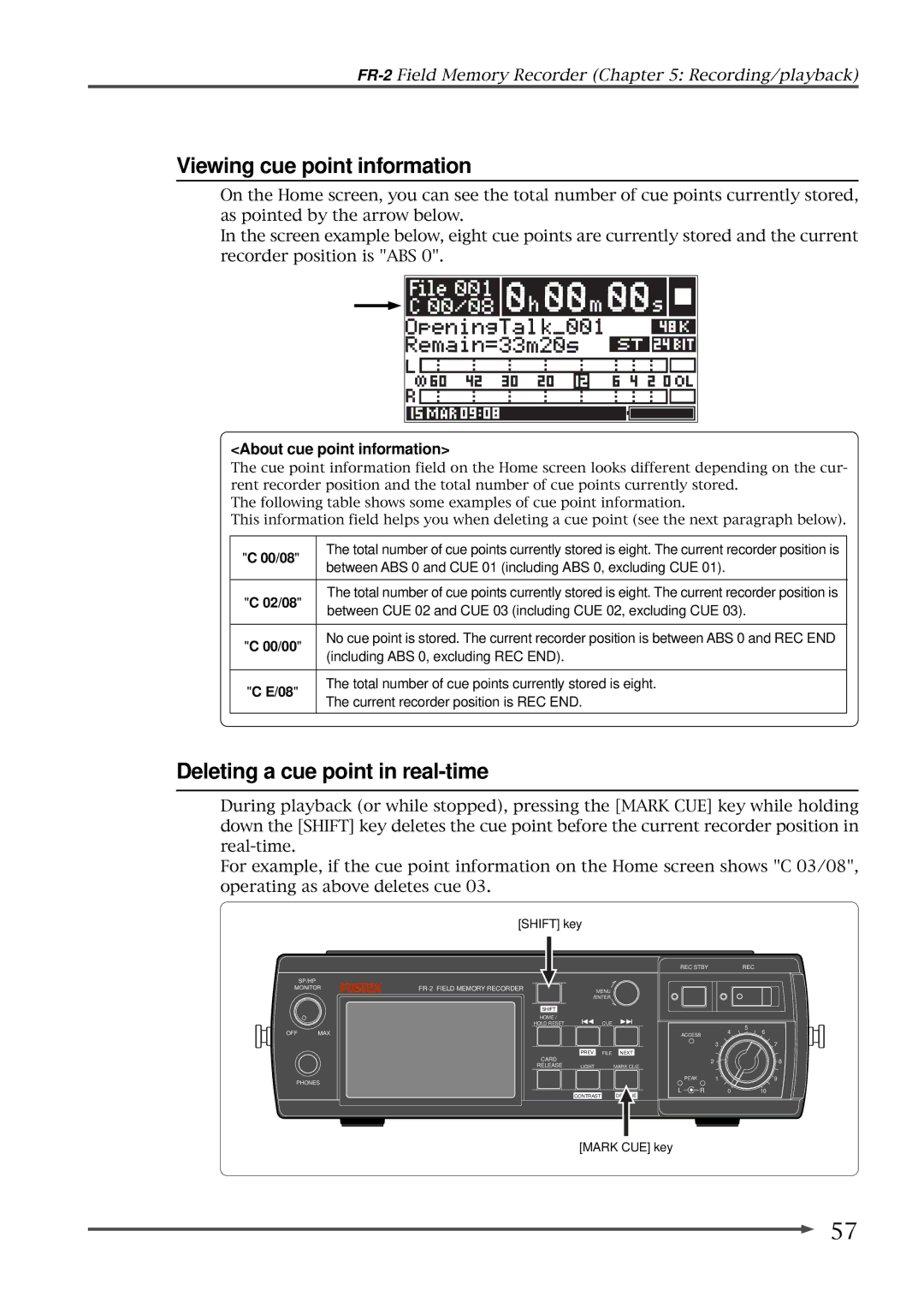 Fostex FR-2 Viewing cue point information, Deleting a cue point in real-time, About cue point information, 00/08, 02/08 