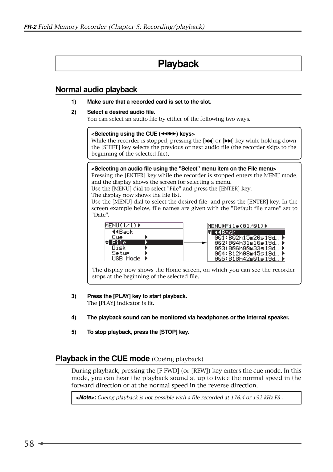 Fostex FR-2 Normal audio playback, Playback in the CUE mode Cueing playback, Selecting using the CUE / keys 