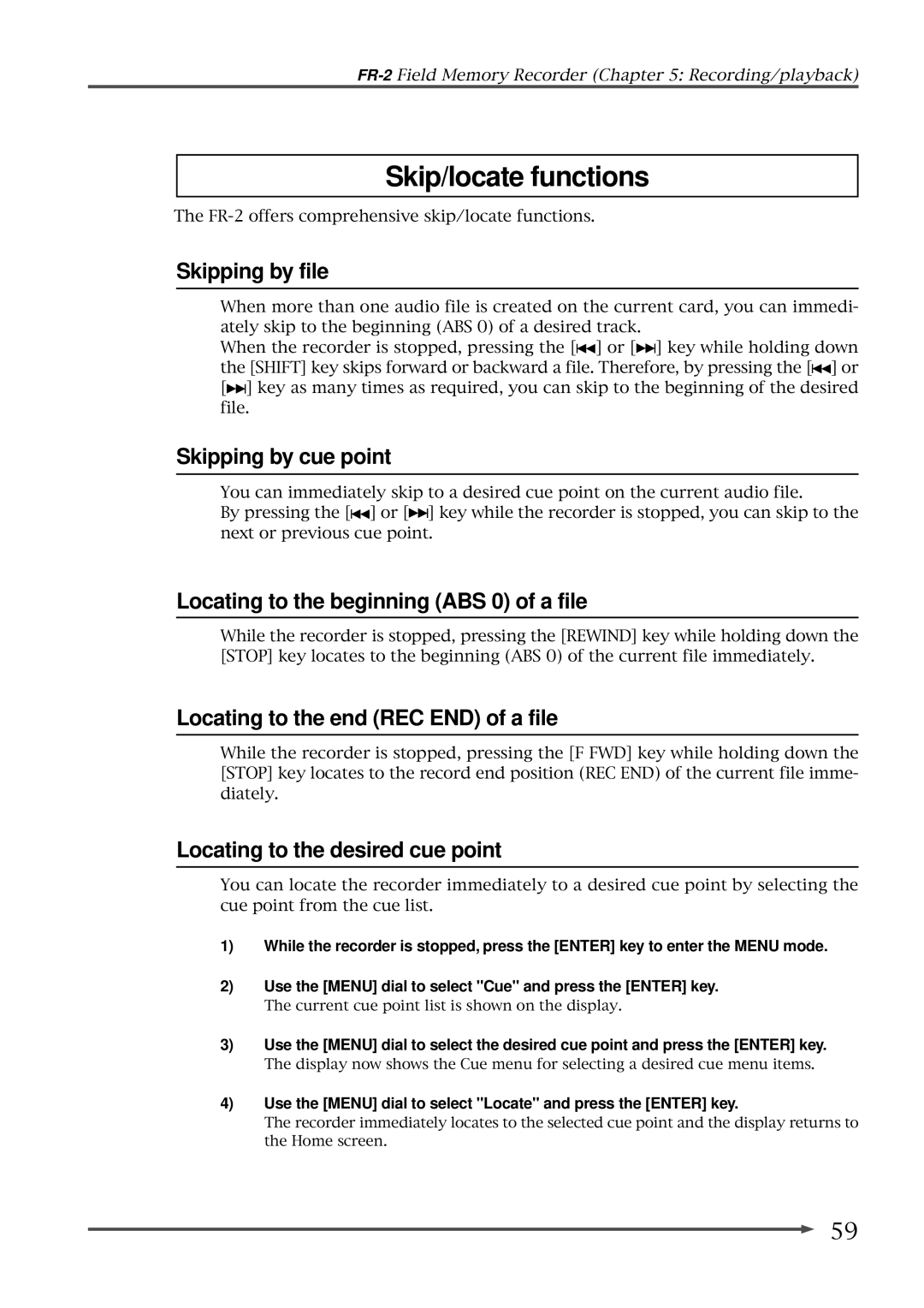 Fostex FR-2 owner manual Skip/locate functions 