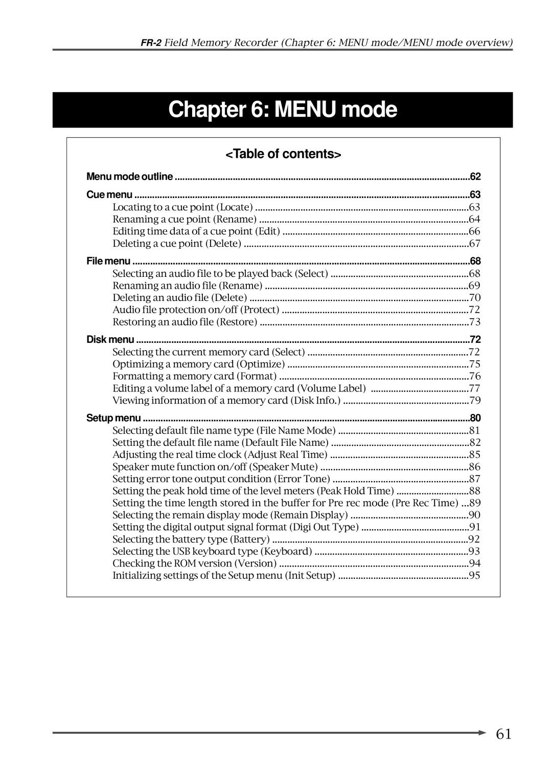 Fostex FR-2 owner manual Menu mode 