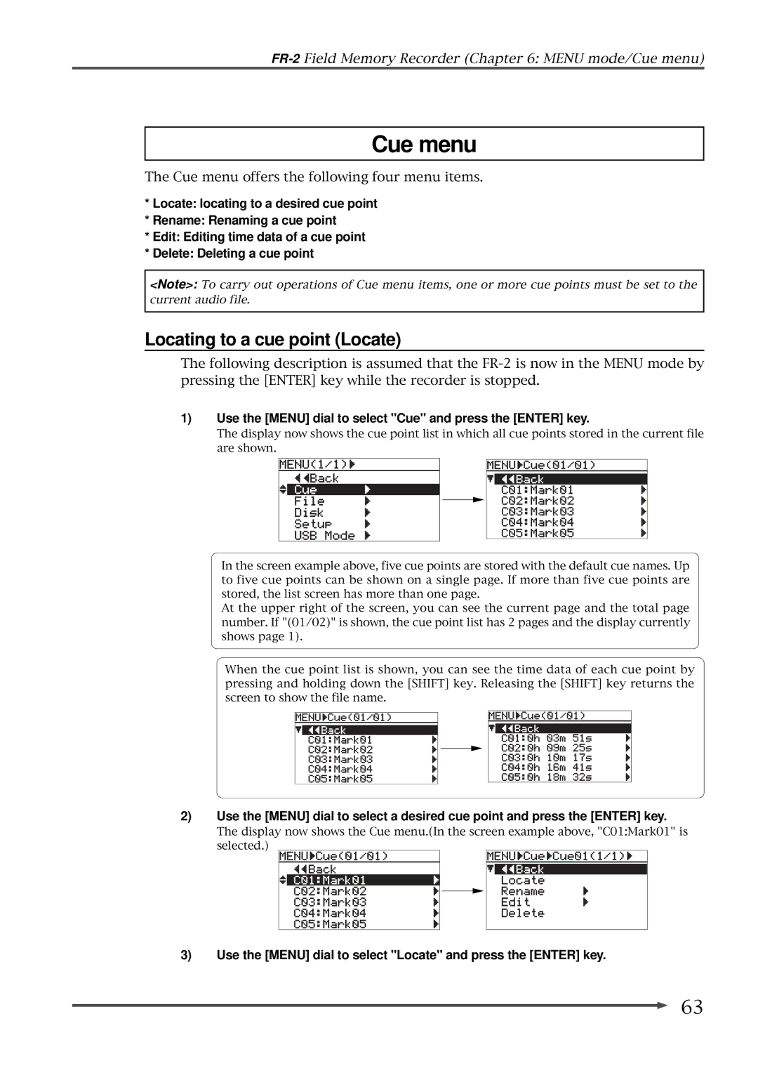 Fostex FR-2 owner manual Cue menu, Locating to a cue point Locate 