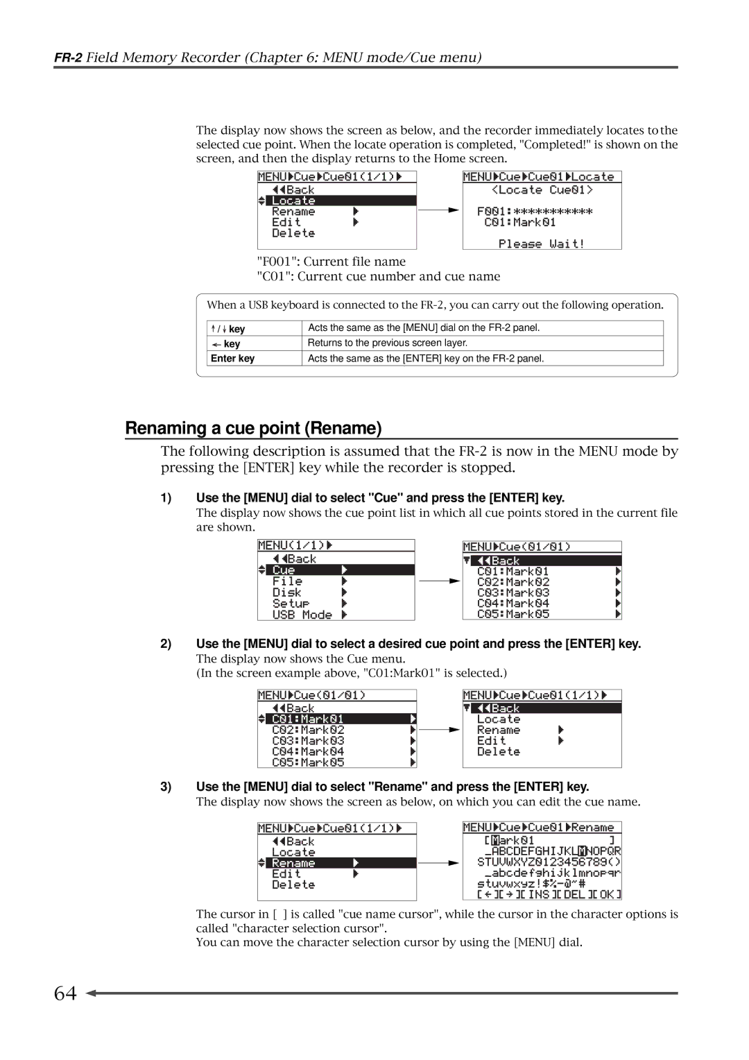 Fostex FR-2 owner manual Renaming a cue point Rename, Use the Menu dial to select Rename and press the Enter key 