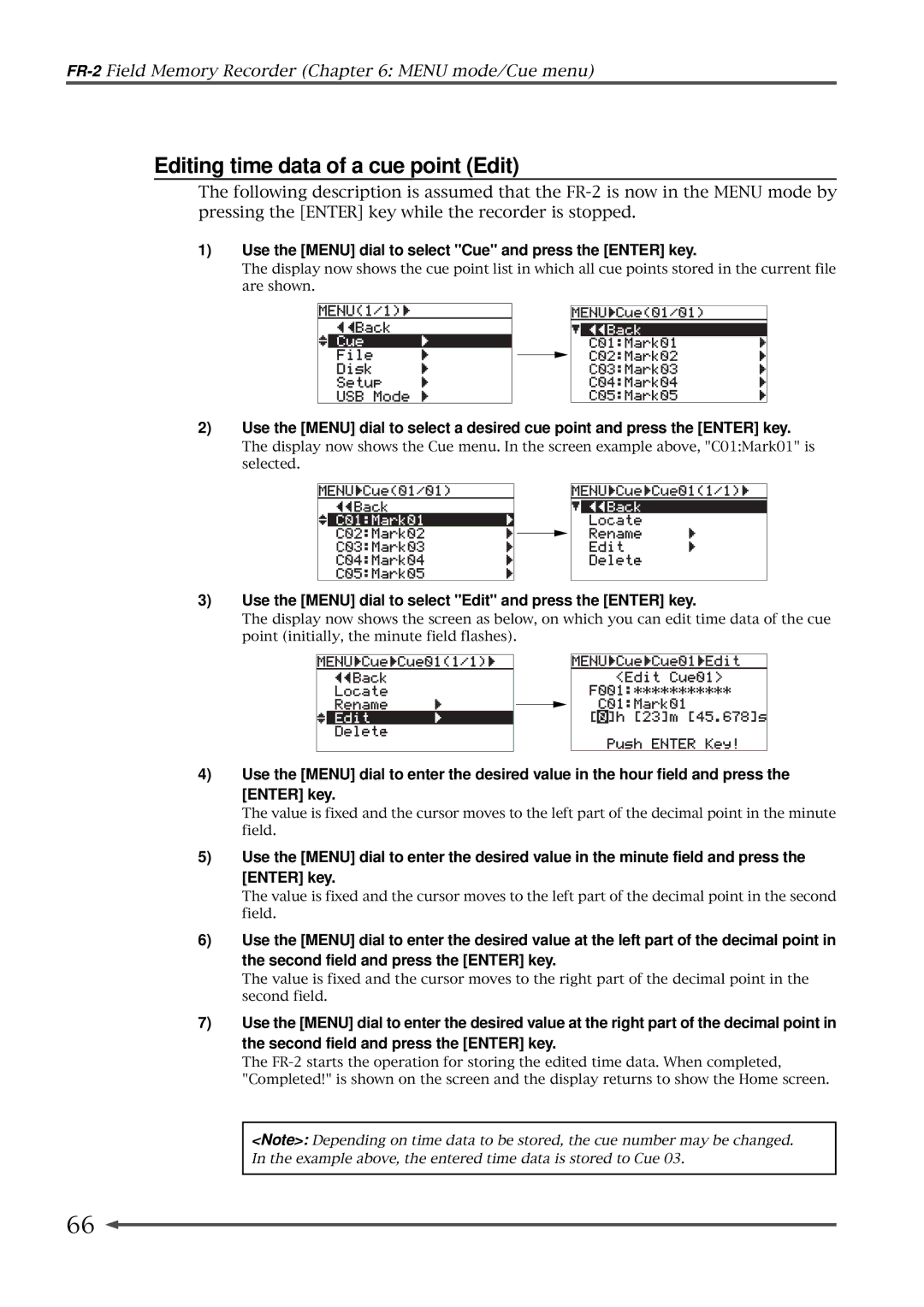 Fostex FR-2 owner manual Editing time data of a cue point Edit, Use the Menu dial to select Edit and press the Enter key 