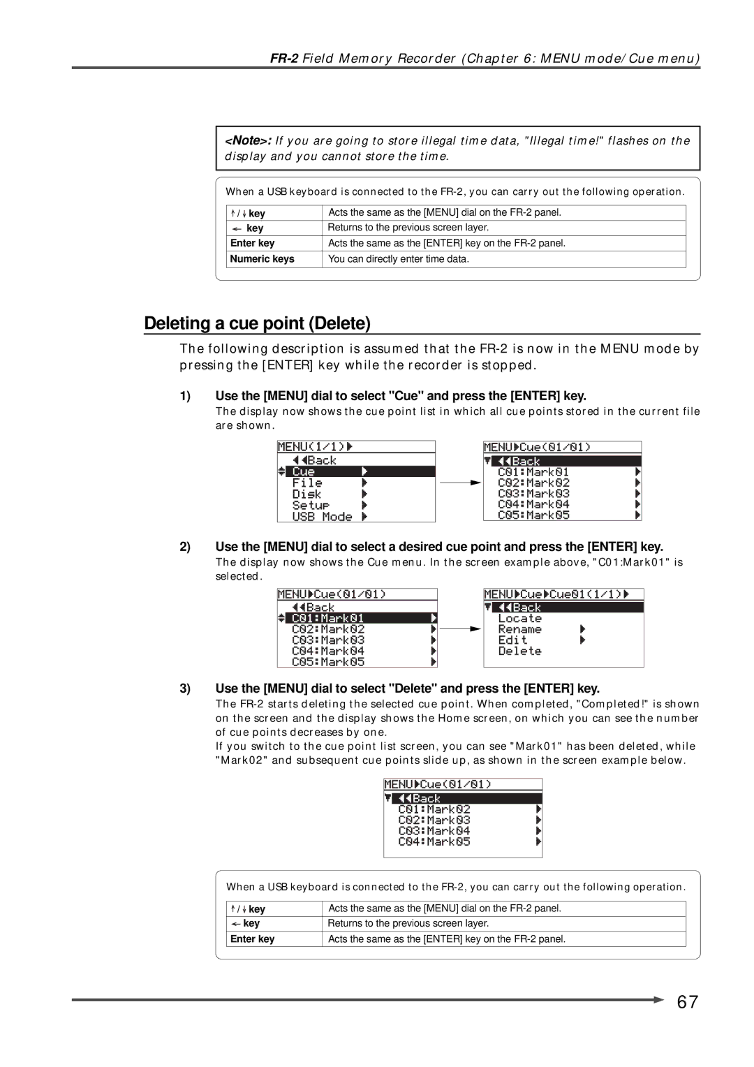 Fostex FR-2 owner manual Deleting a cue point Delete, Use the Menu dial to select Delete and press the Enter key 