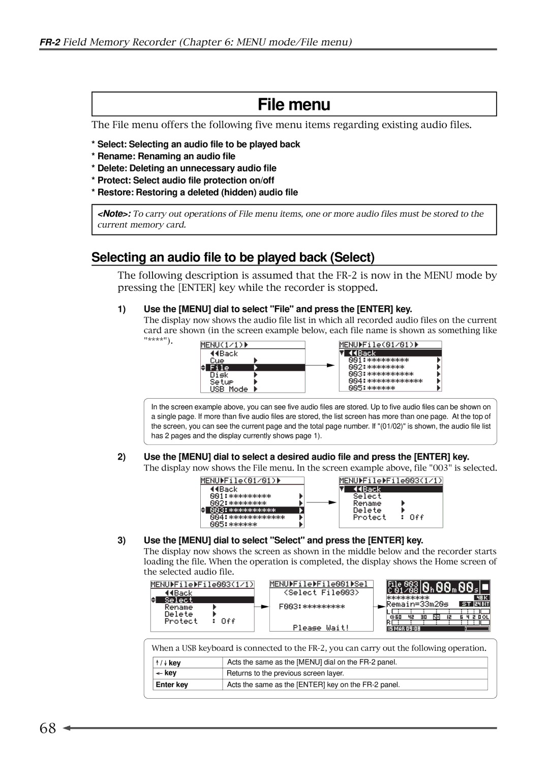 Fostex FR-2 owner manual File menu, Selecting an audio file to be played back Select 