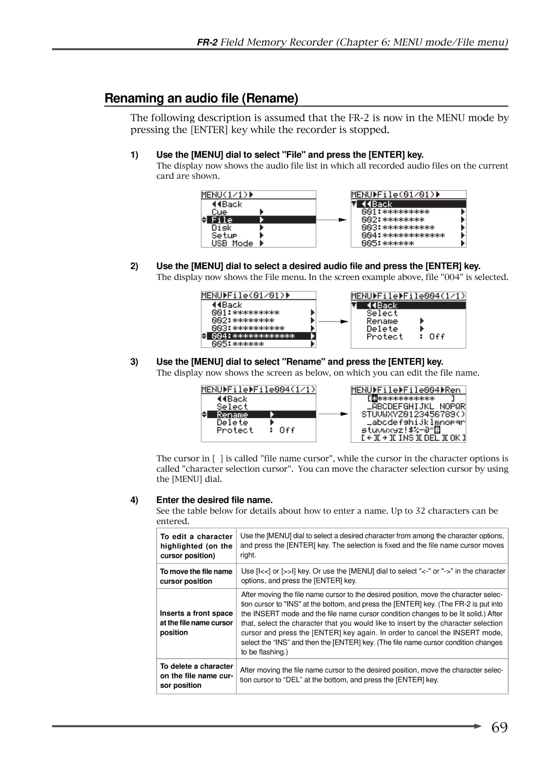 Fostex FR-2 owner manual Renaming an audio file Rename, Enter the desired file name 