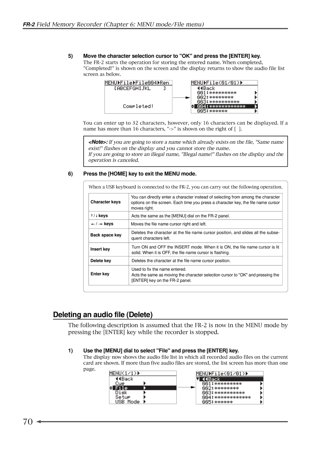 Fostex FR-2 owner manual Deleting an audio file Delete, Character keys 