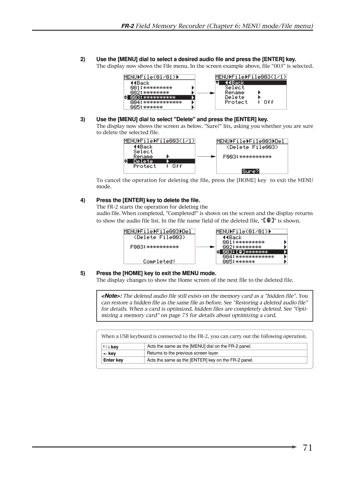 Fostex FR-2 owner manual Use the Menu dial to select Delete and press the Enter key, Press the Enter key to delete the file 