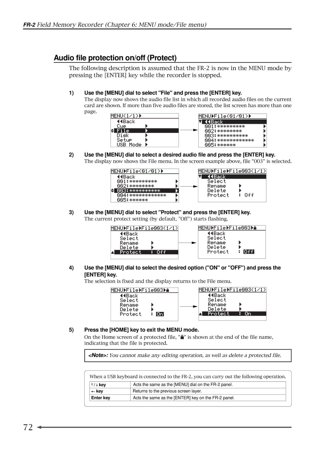 Fostex FR-2 owner manual Audio file protection on/off Protect, Use the Menu dial to select Protect and press the Enter key 