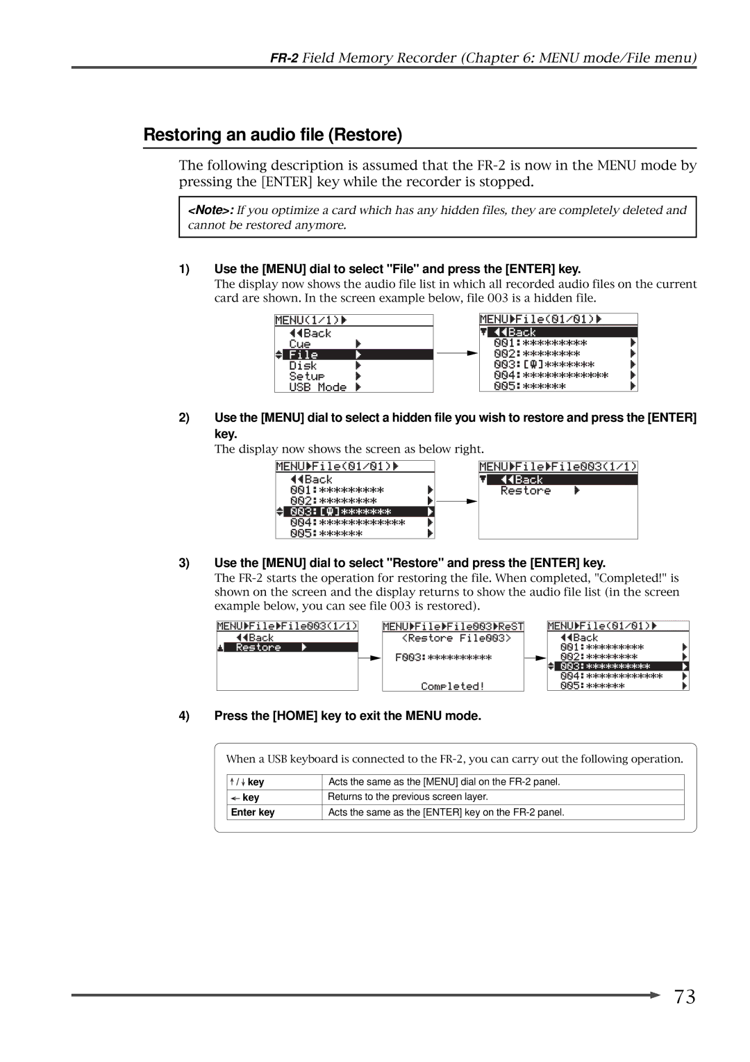 Fostex FR-2 owner manual Restoring an audio file Restore, Use the Menu dial to select Restore and press the Enter key 