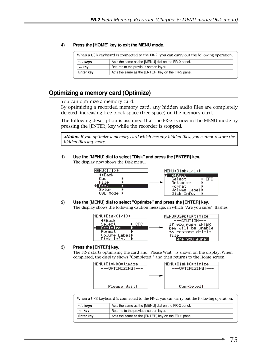 Fostex FR-2 owner manual Optimizing a memory card Optimize, Press the Enter key 