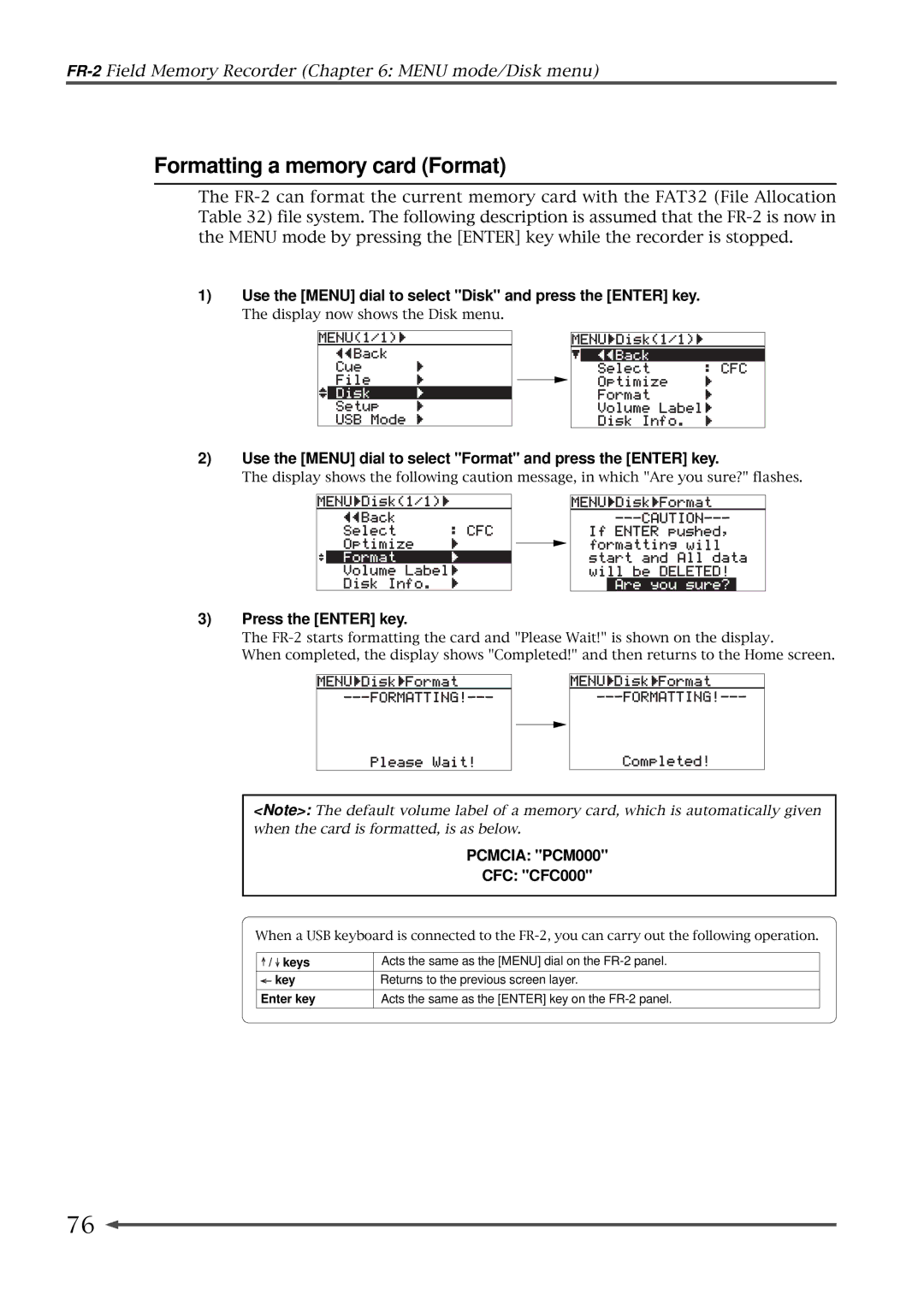 Fostex FR-2 owner manual Formatting a memory card Format, Use the Menu dial to select Format and press the Enter key 