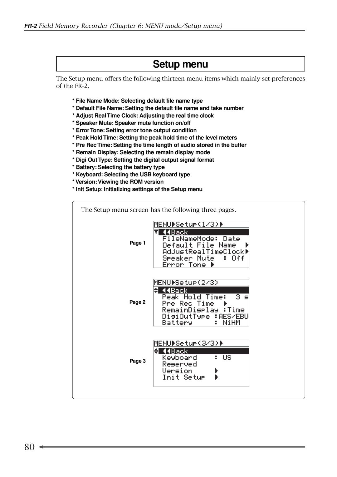 Fostex FR-2 owner manual Setup menu 