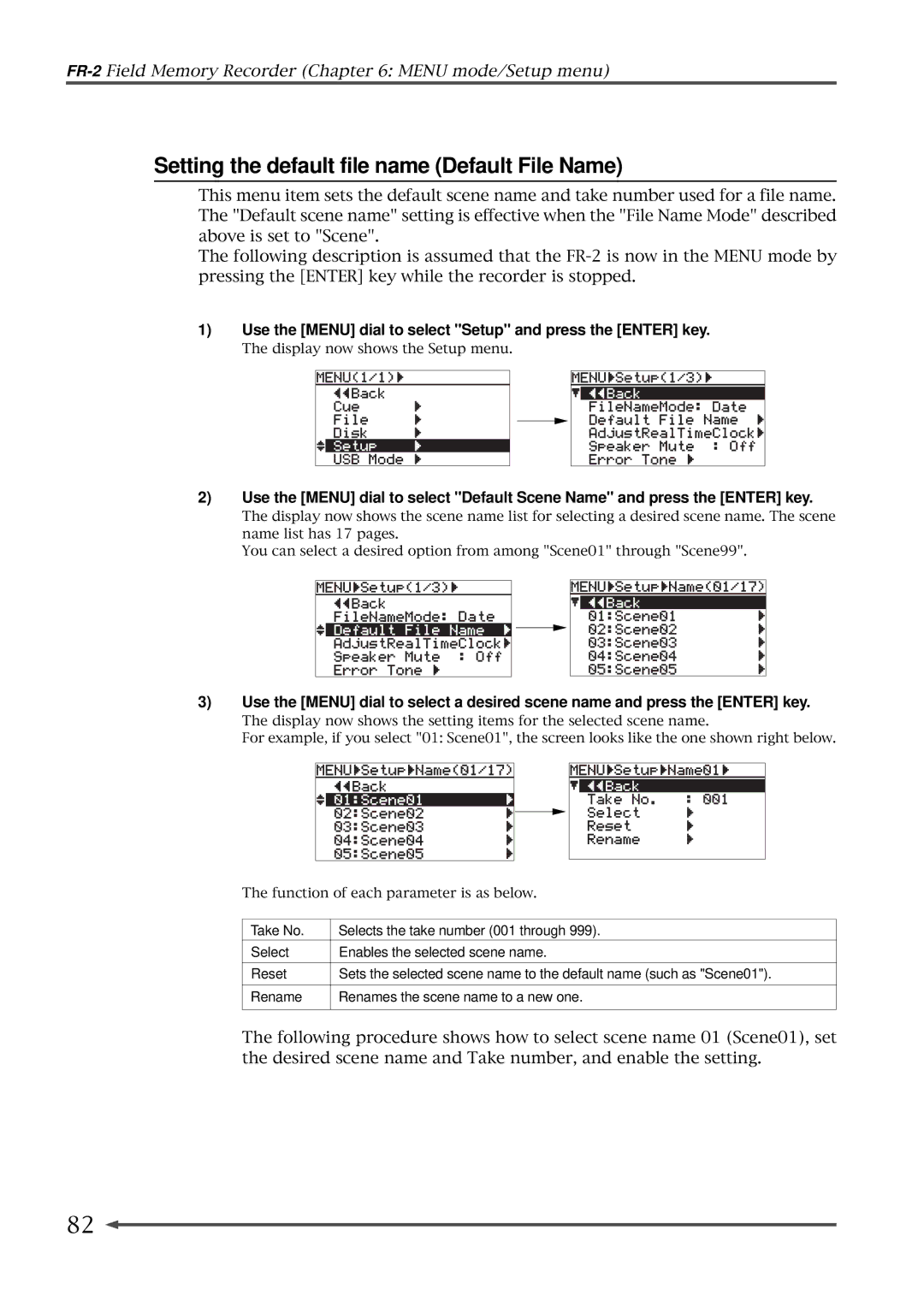 Fostex FR-2 owner manual Setting the default file name Default File Name 