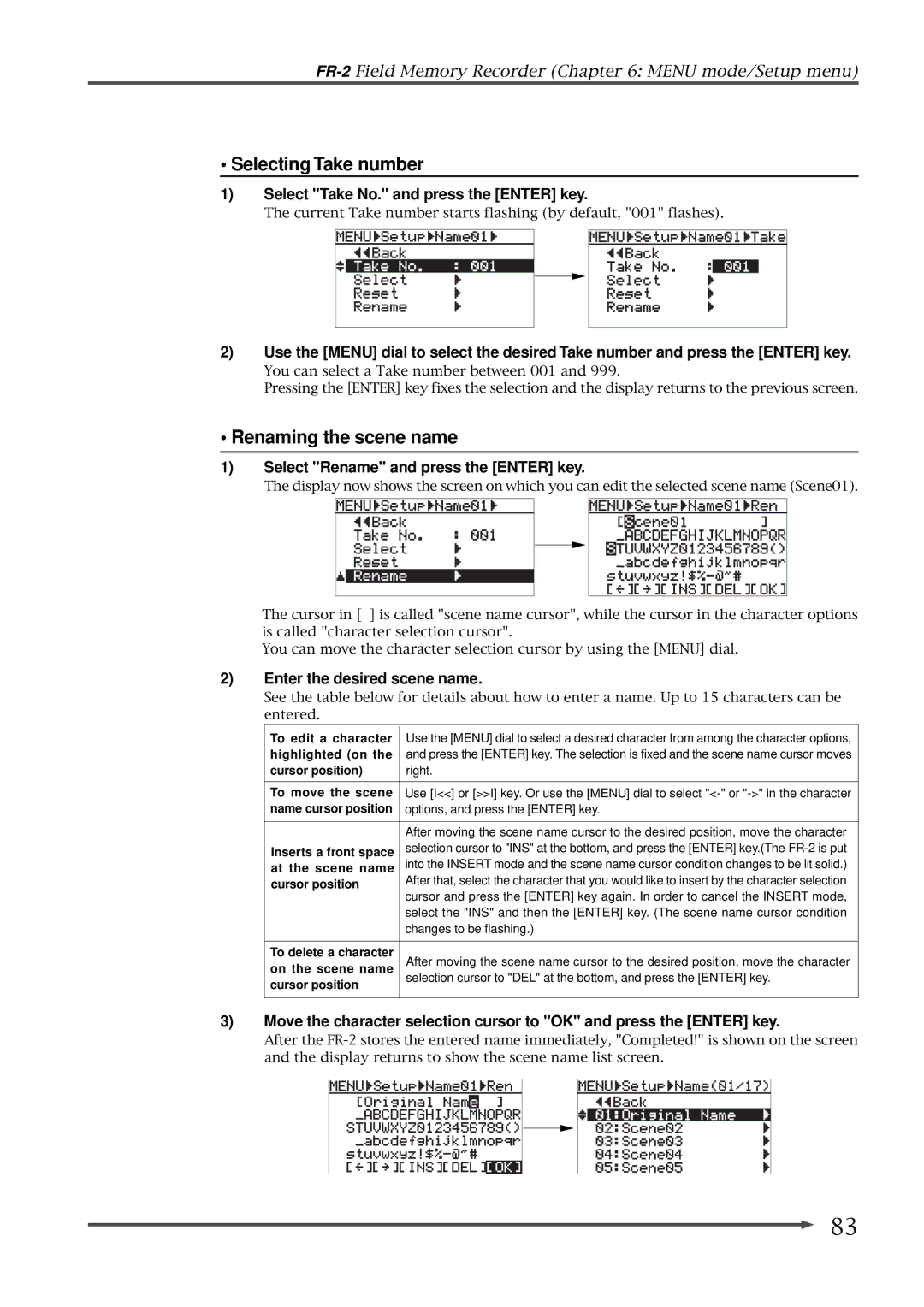 Fostex FR-2 owner manual Selecting Take number, Renaming the scene name, Select Take No. and press the Enter key 