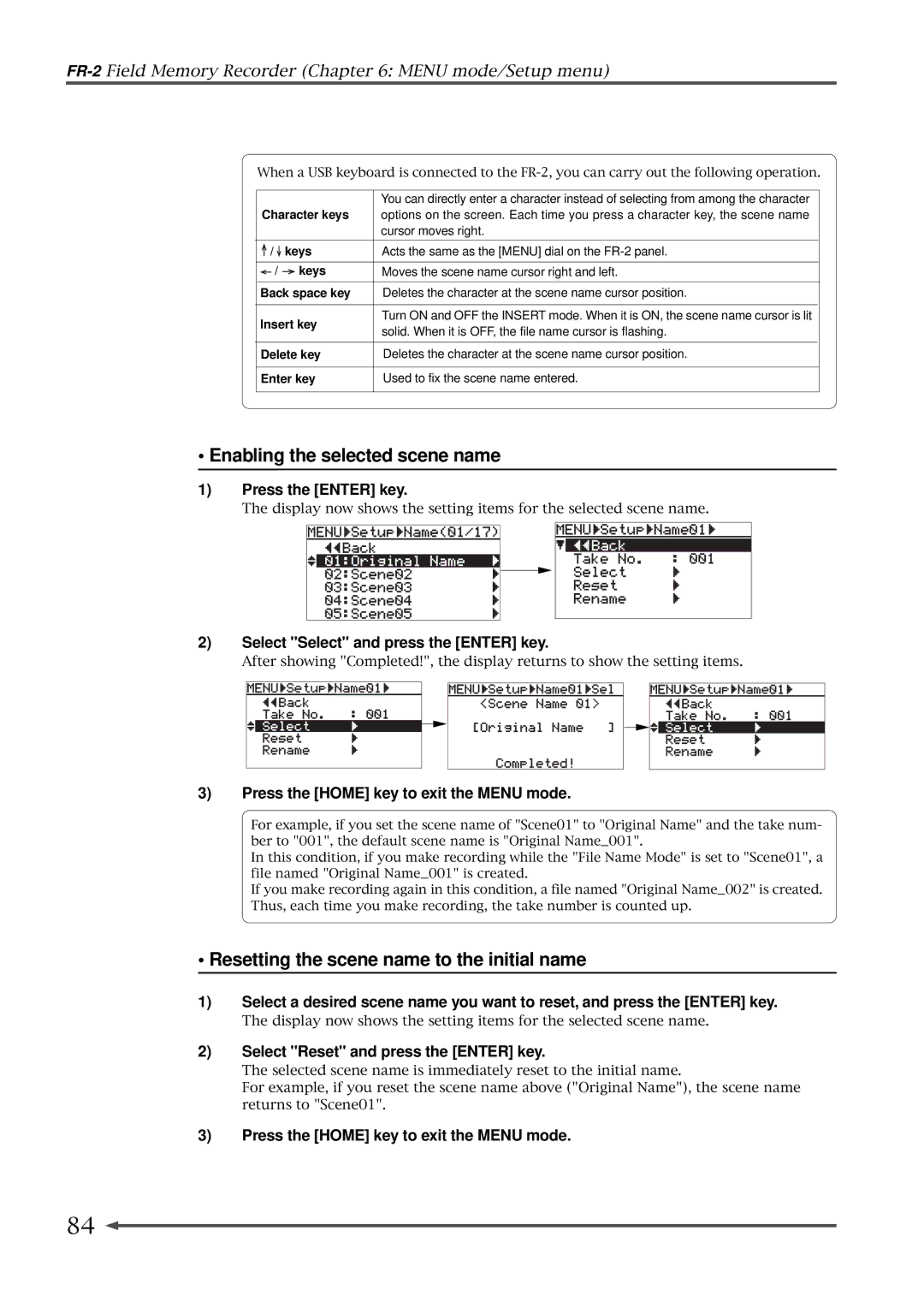 Fostex FR-2 owner manual Enabling the selected scene name, Resetting the scene name to the initial name 