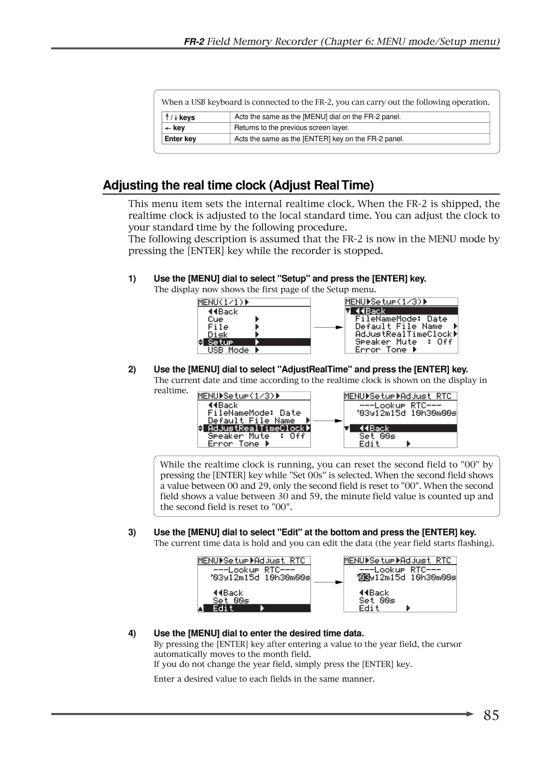 Fostex FR-2 owner manual Adjusting the real time clock Adjust Real Time, Use the Menu dial to enter the desired time data 