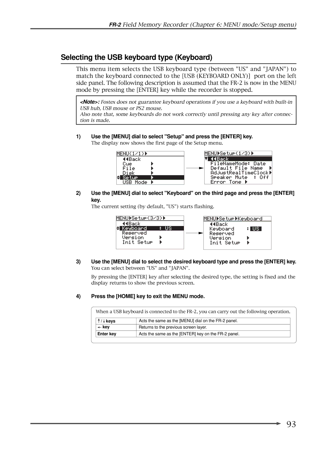 Fostex FR-2 owner manual Selecting the USB keyboard type Keyboard 