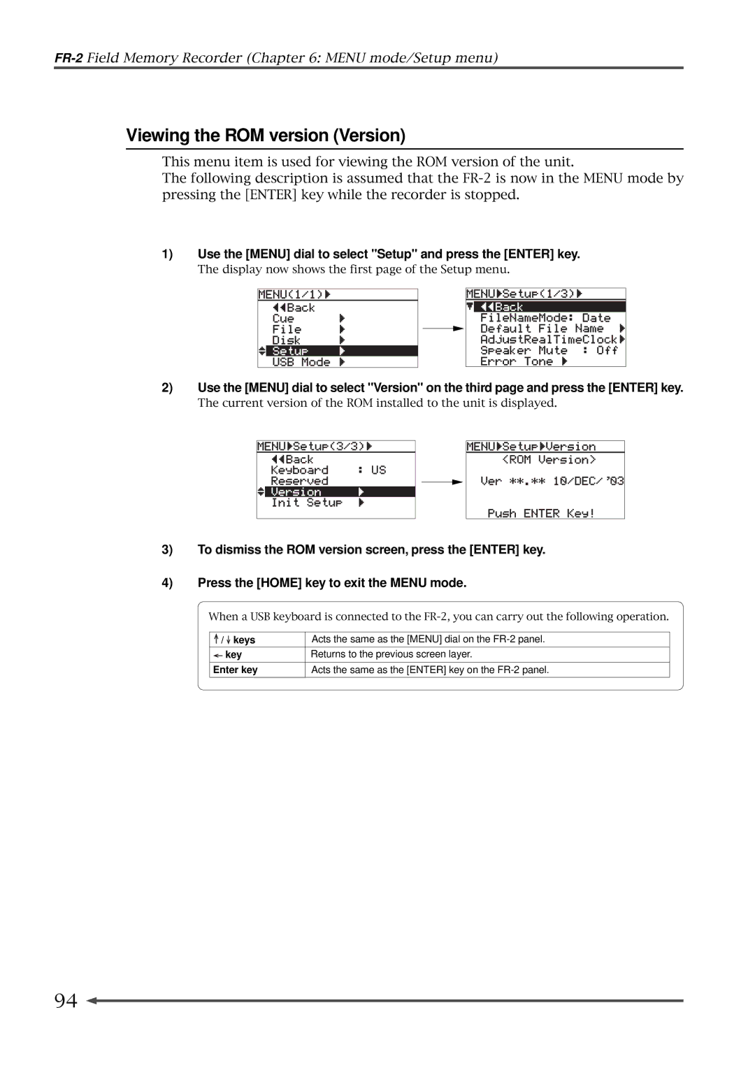 Fostex FR-2 owner manual Viewing the ROM version Version 