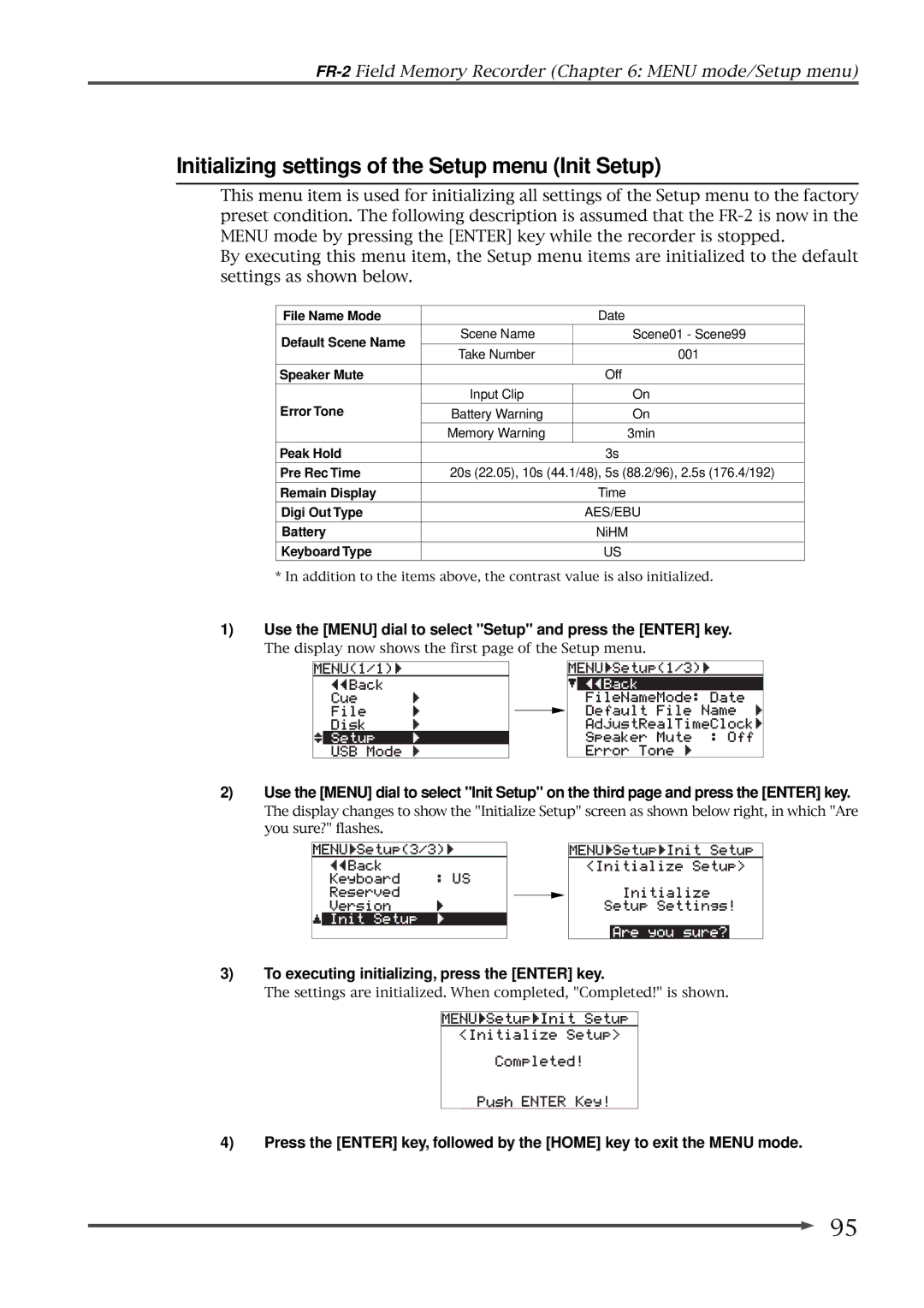 Fostex FR-2 owner manual Initializing settings of the Setup menu Init Setup, To executing initializing, press the Enter key 