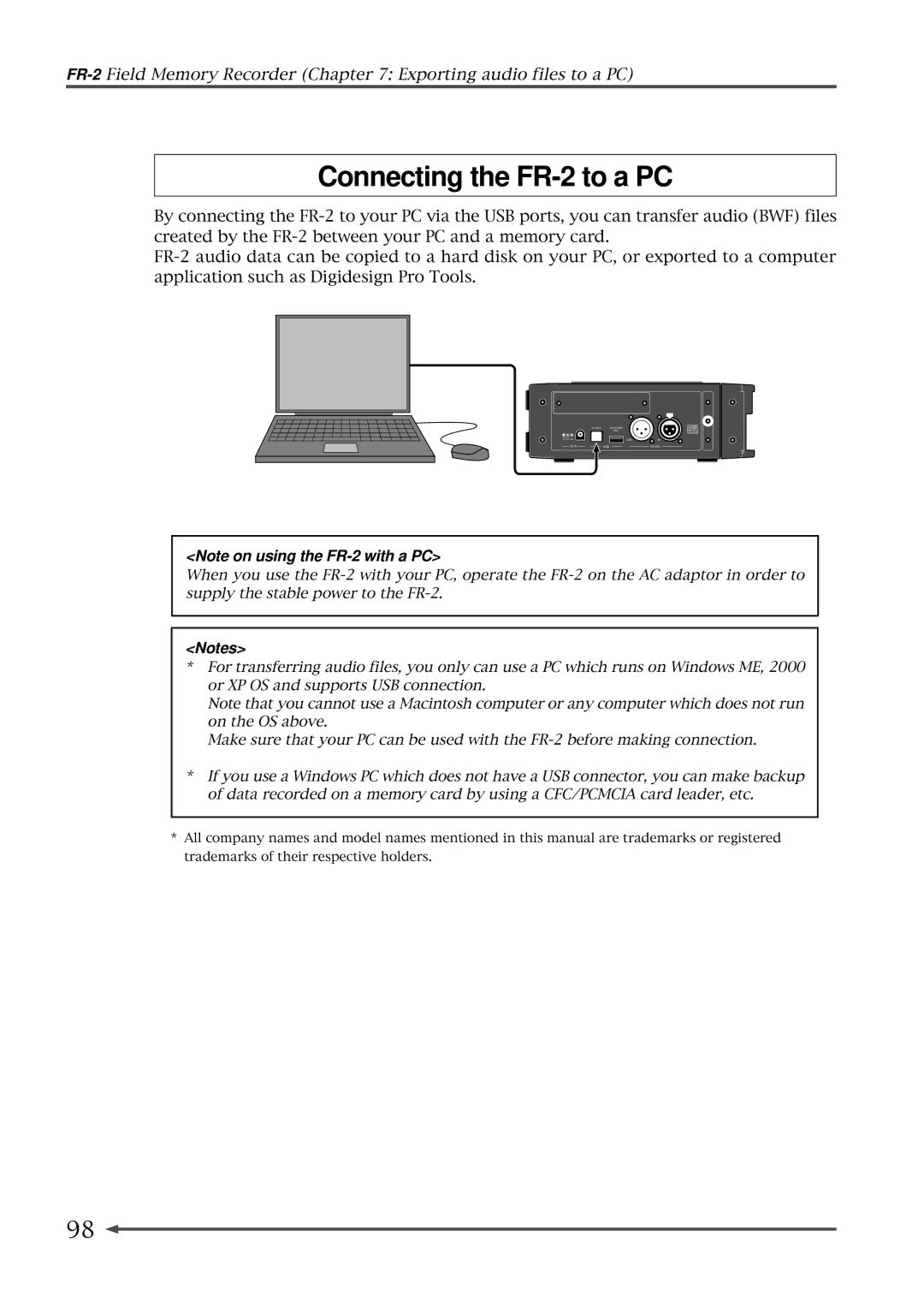 Fostex owner manual Connecting the FR-2 to a PC 