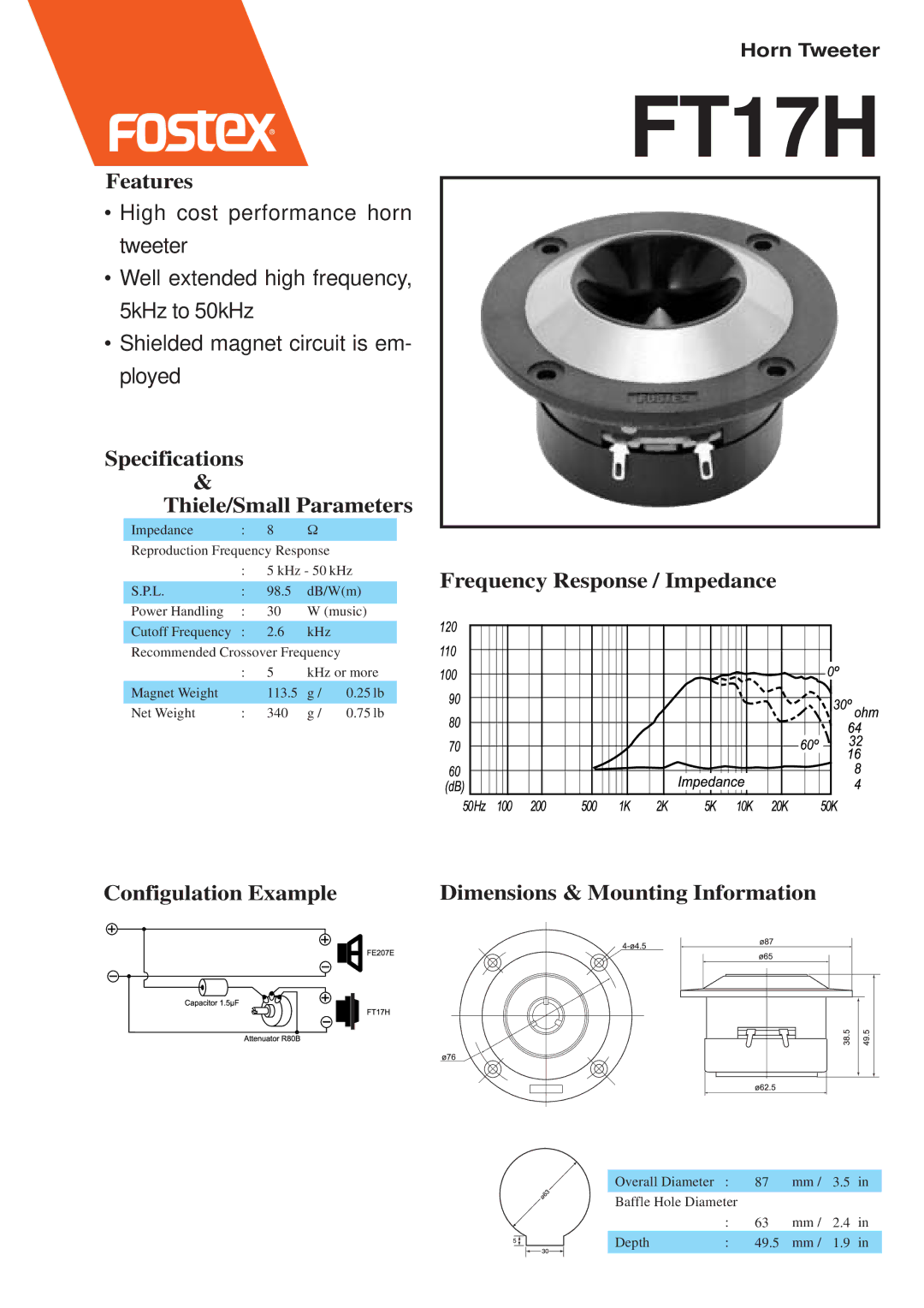 Fostex FT17H dimensions Features, Specifications Thiele/Small Parameters, Configulation Example 