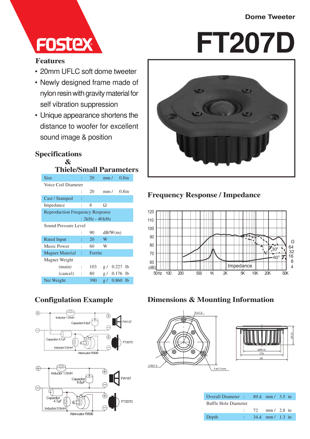 Fostex FT207D dimensions Features, Specifications Thiele/Small Parameters, Frequency Response / Impedance 