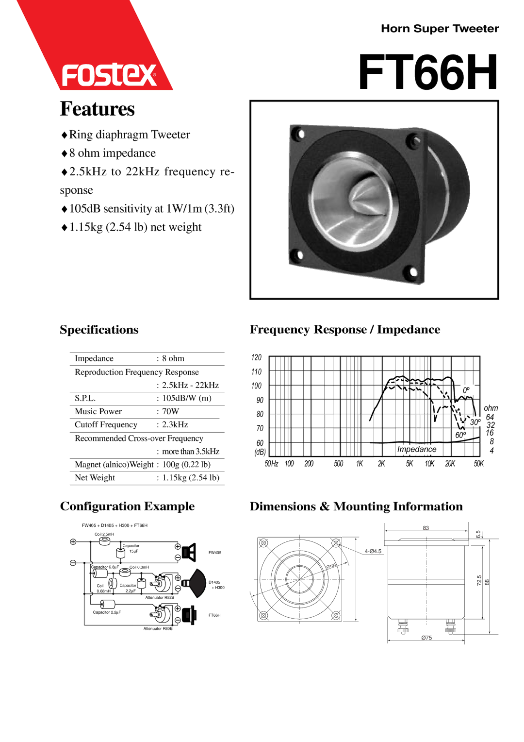 Fostex FT66H dimensions Features, Specifications, Frequency Response / Impedance 