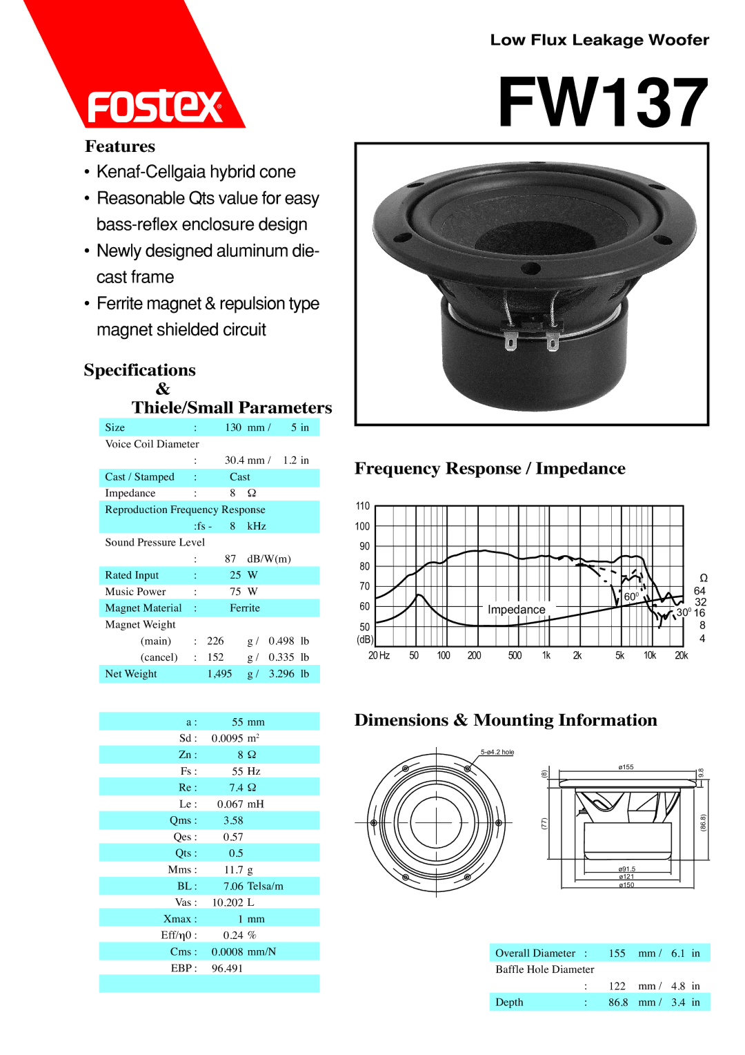 Fostex FW137 dimensions Features, Specifications Thiele/Small Parameters, Frequency Response / Impedance 