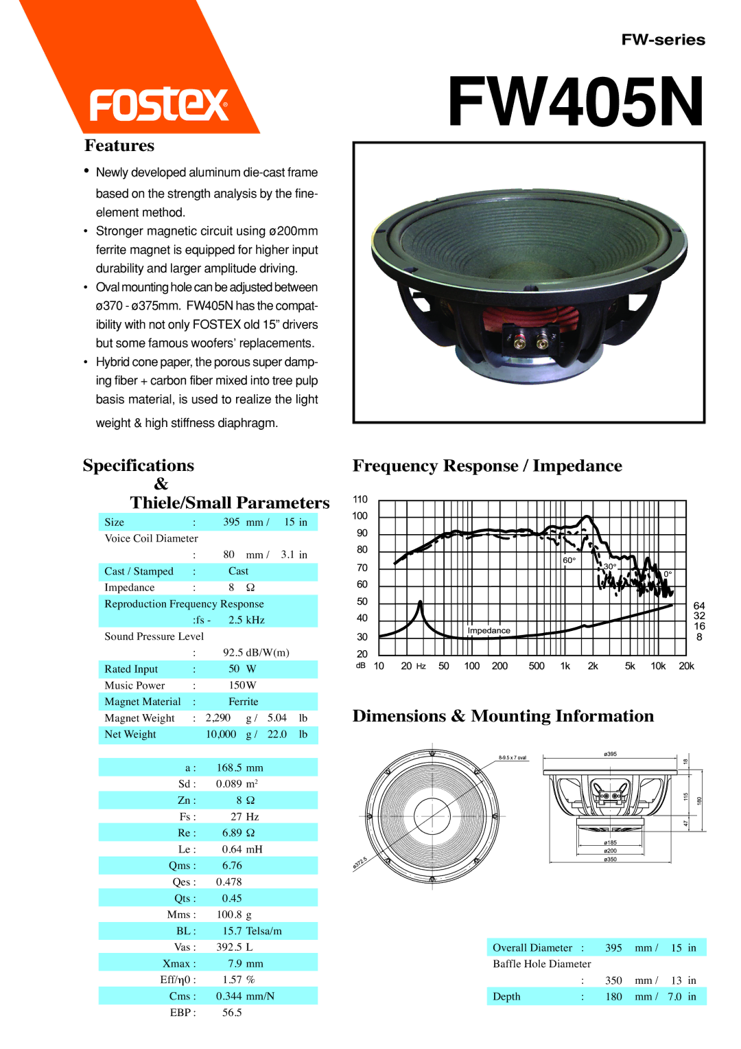 Fostex FW405N dimensions Features, Dimensions & Mounting Information 