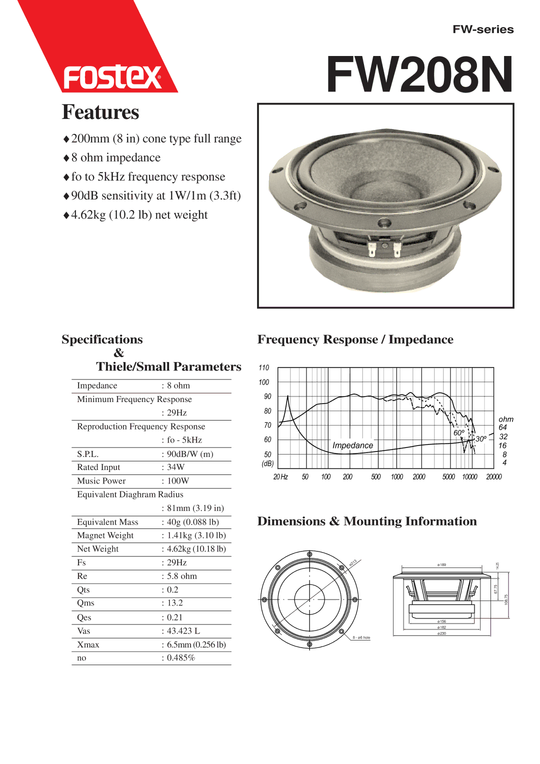 Fostex G9962ZX dimensions FW208N, Features, Impedance 