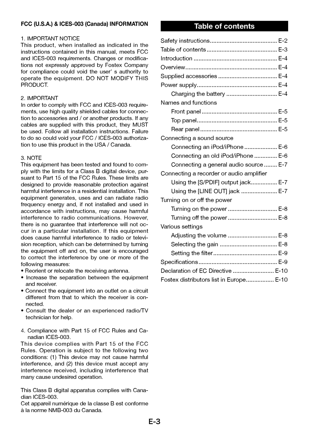 Fostex HP-P1 manual Table of contents 