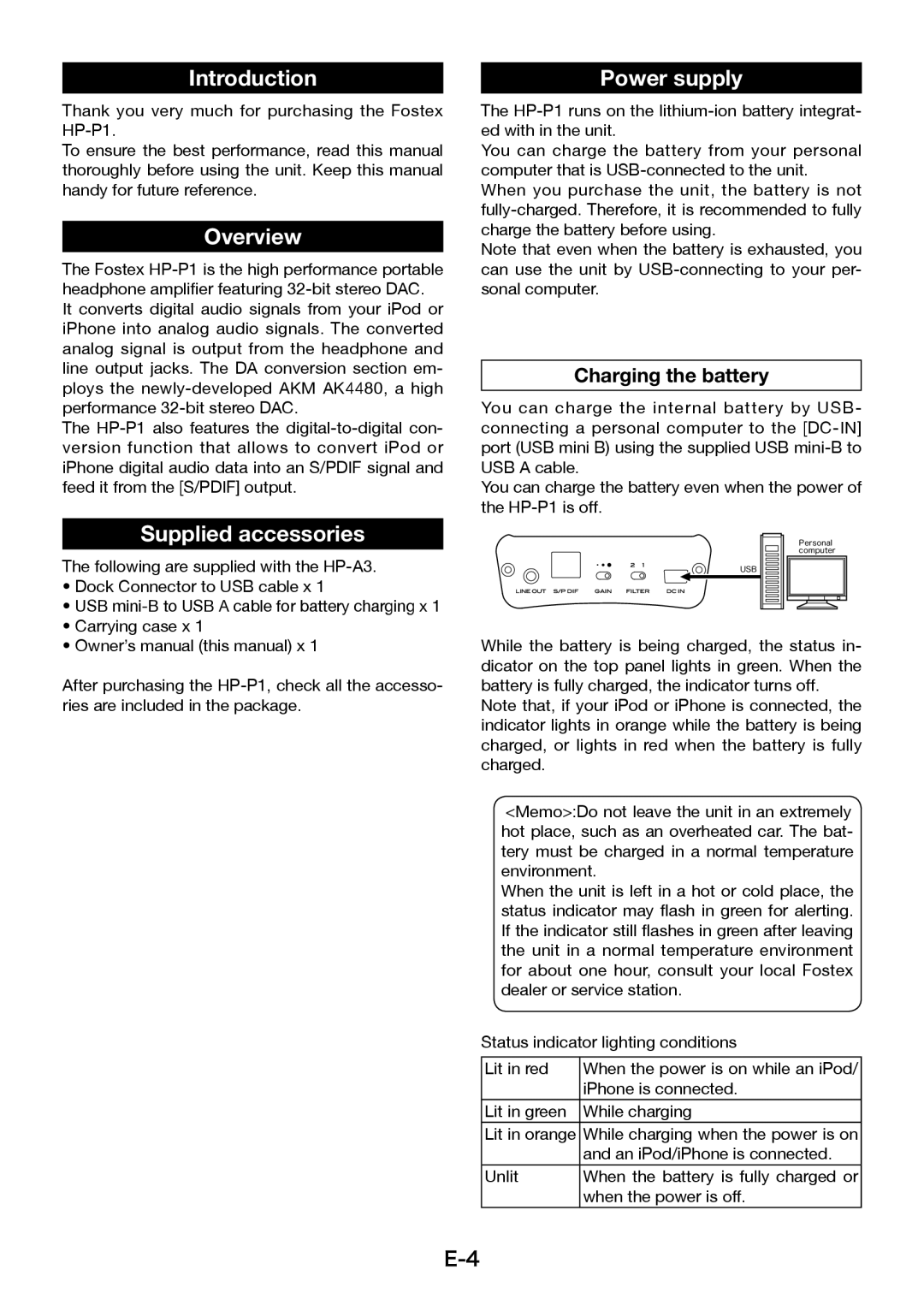 Fostex HP-P1 manual Introduction, Overview, Supplied accessories, Power supply, Charging the battery 