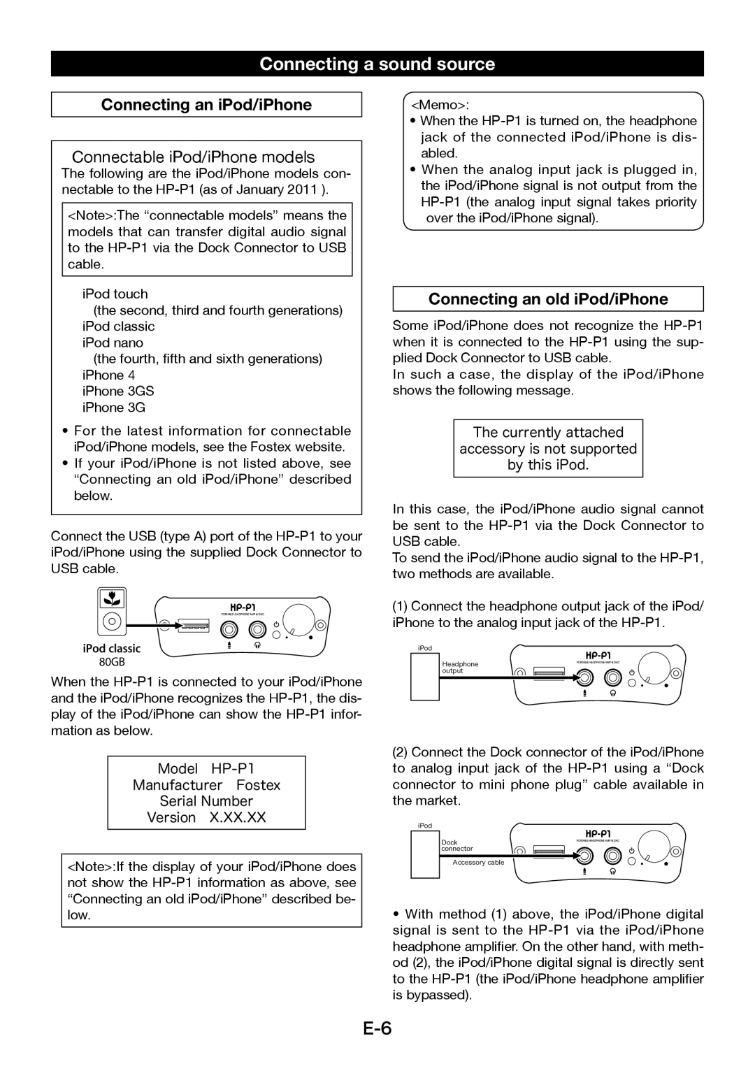 Fostex HP-P1 manual Connecting a sound source, Connecting an iPod/iPhone, Connecting an old iPod/iPhone 