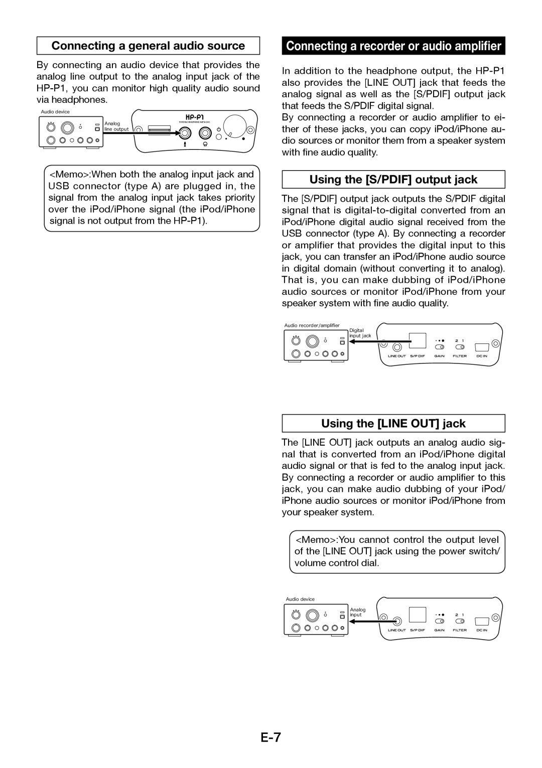 Fostex HP-P1 Connecting a recorder or audio amplifier, Connecting a general audio source, Using the S/PDIF output jack 