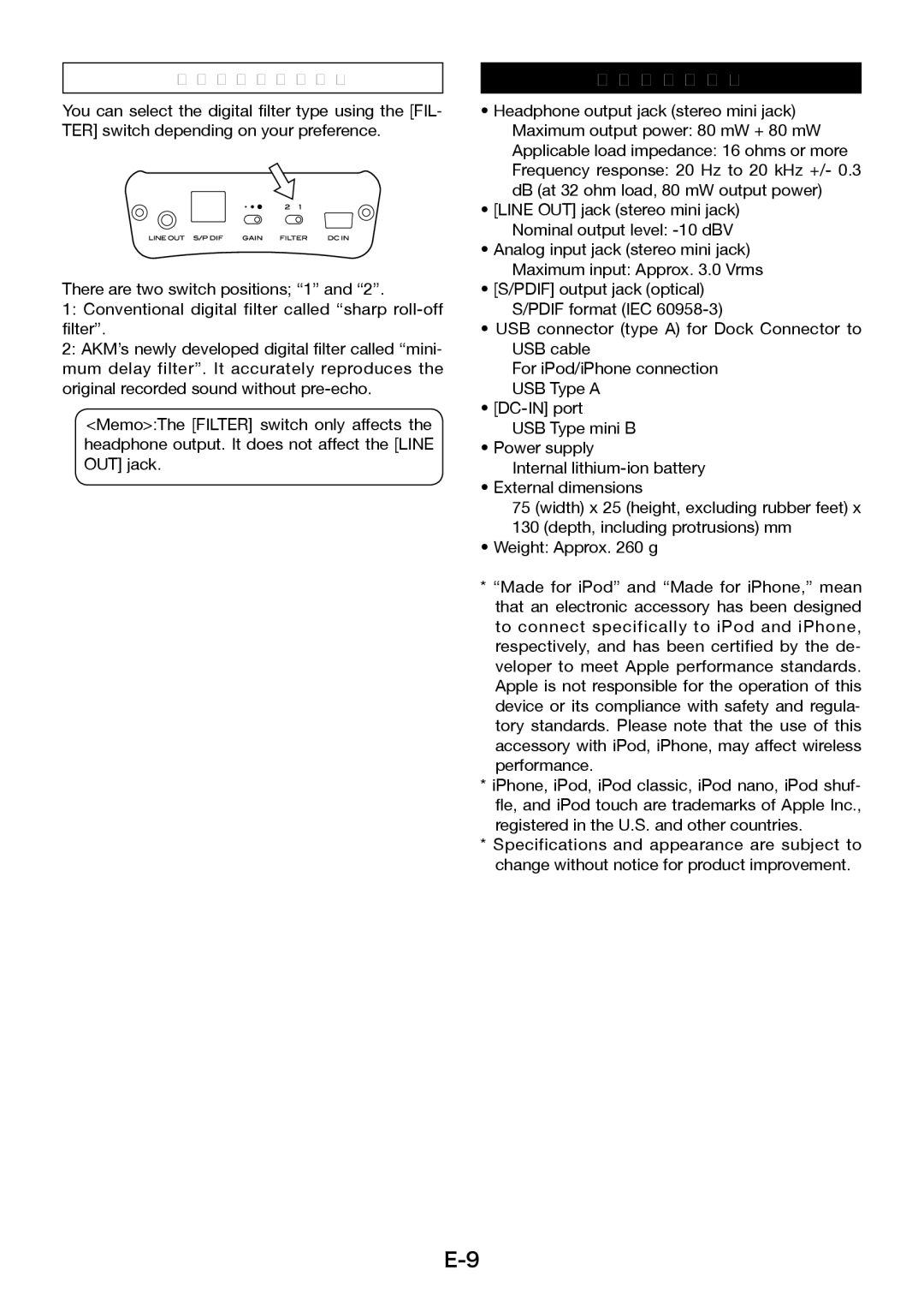 Fostex HP-P1 manual Specifications, Setting the filter 