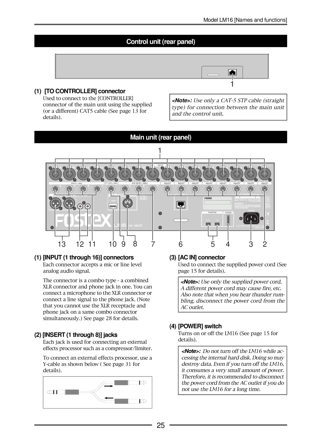 Fostex LM16 manual Control unit rear panel, Main unit rear panel 