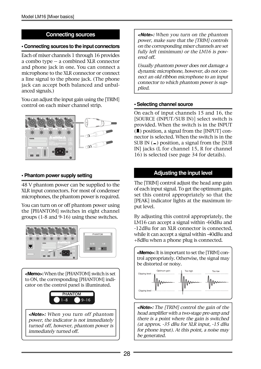 Fostex LM16 manual Adjusting the input level, Connecting sources to the input connectors, Selecting channel source 