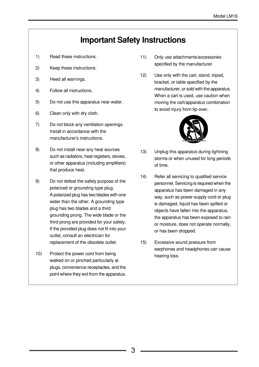 Fostex LM16 manual Important Safety Instructions 