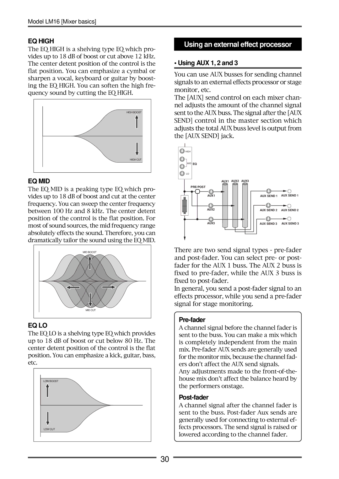 Fostex LM16 manual Using an external effect processor, Using AUX 1, 2, Pre-fader, Post-fader 