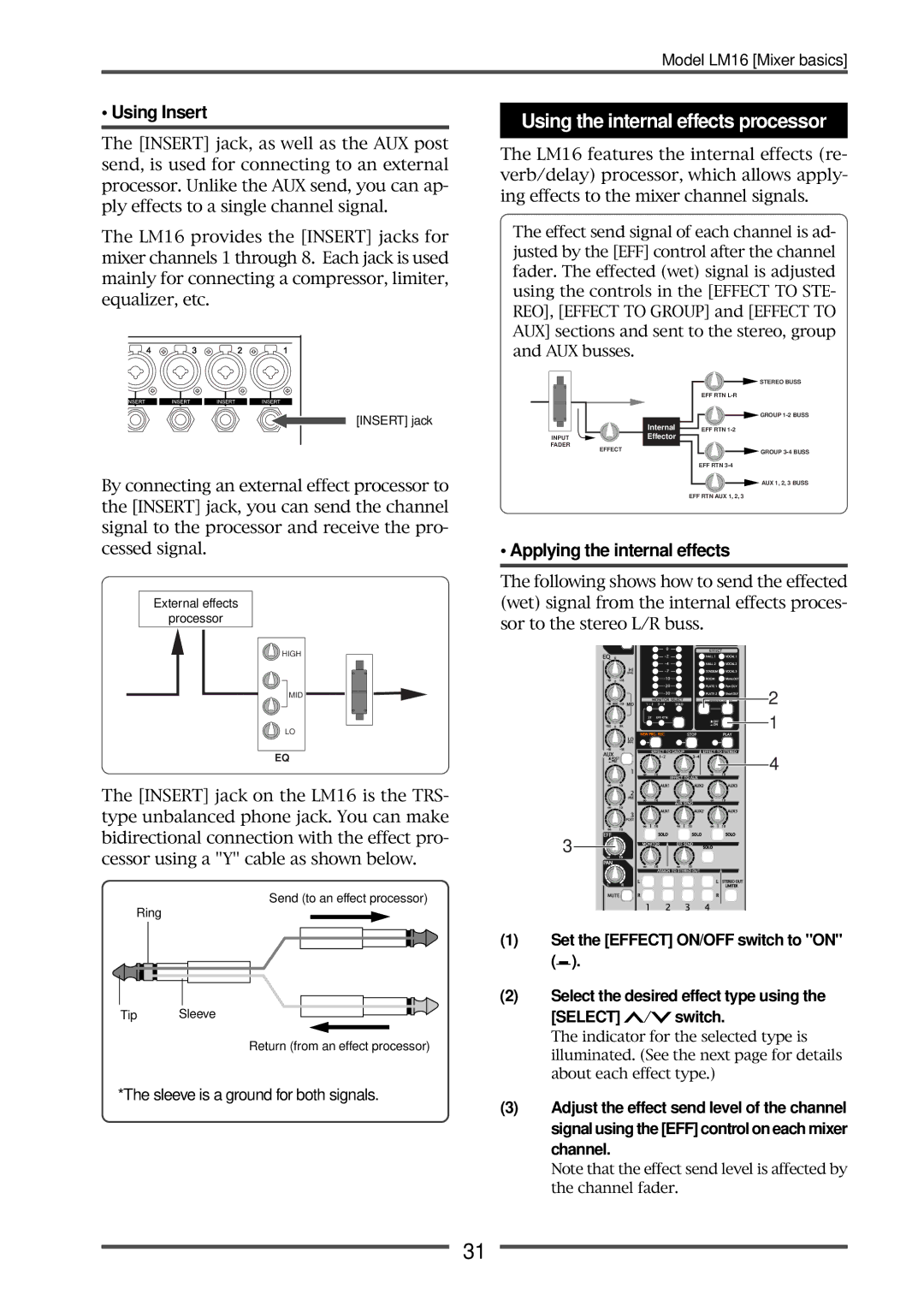 Fostex LM16 manual Using the internal effects processor, Using Insert, Applying the internal effects 