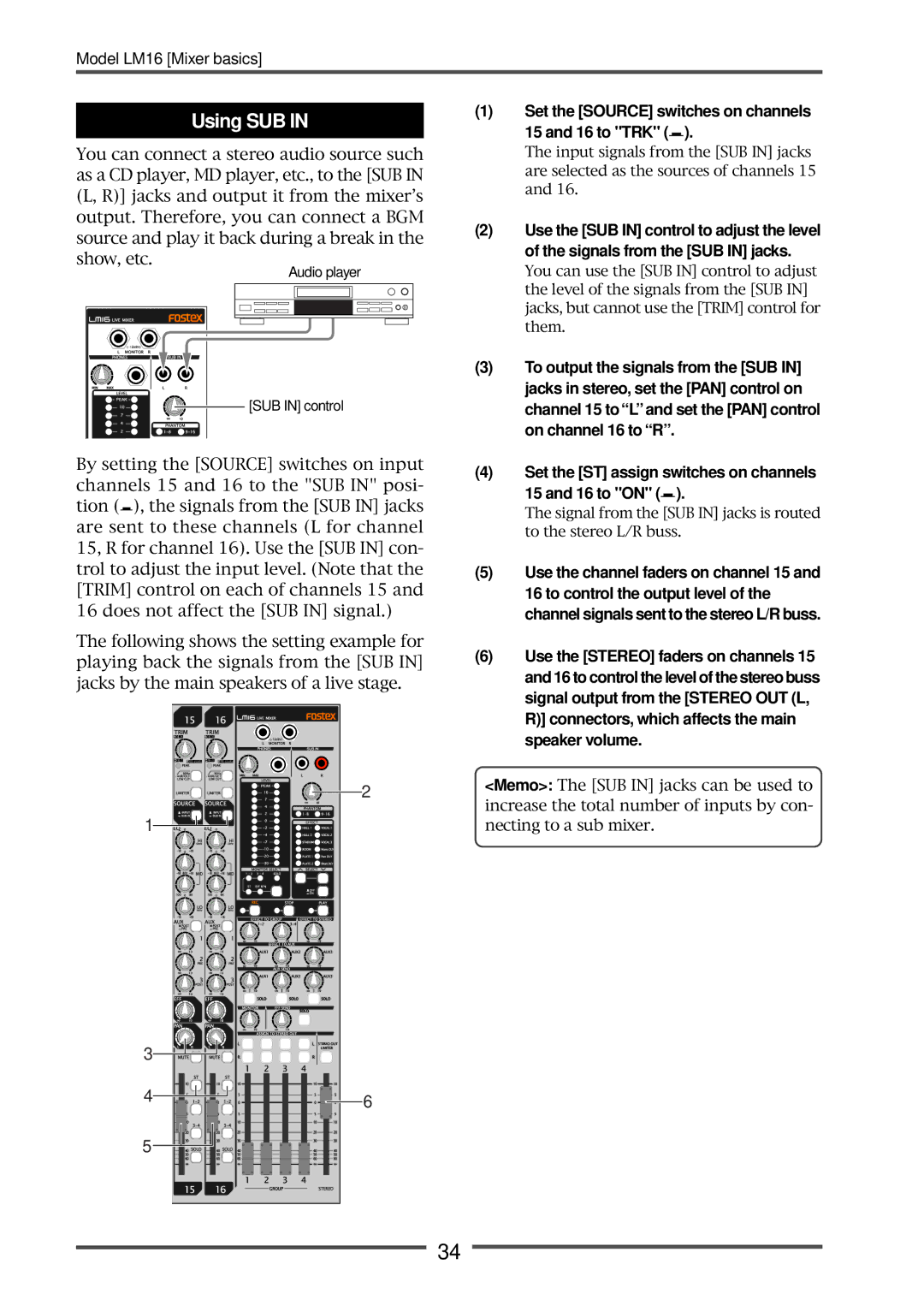 Fostex LM16 manual Using SUB, Set the Source switches on channels 15 and 16 to TRK 