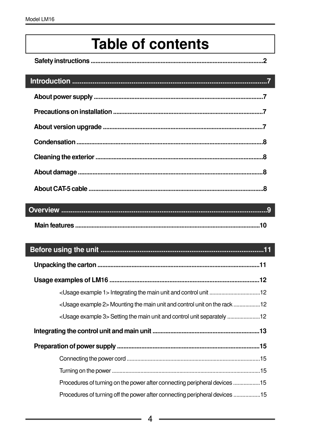 Fostex LM16 manual Table of contents 