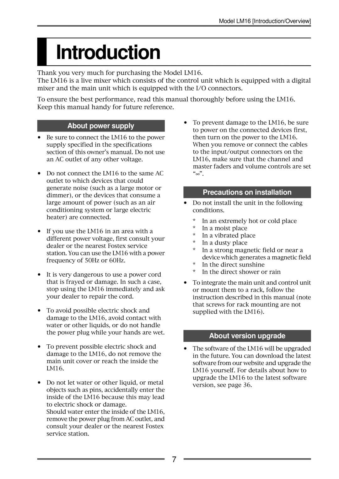 Fostex LM16 manual Introduction, About power supply, Precautions on installation, About version upgrade 