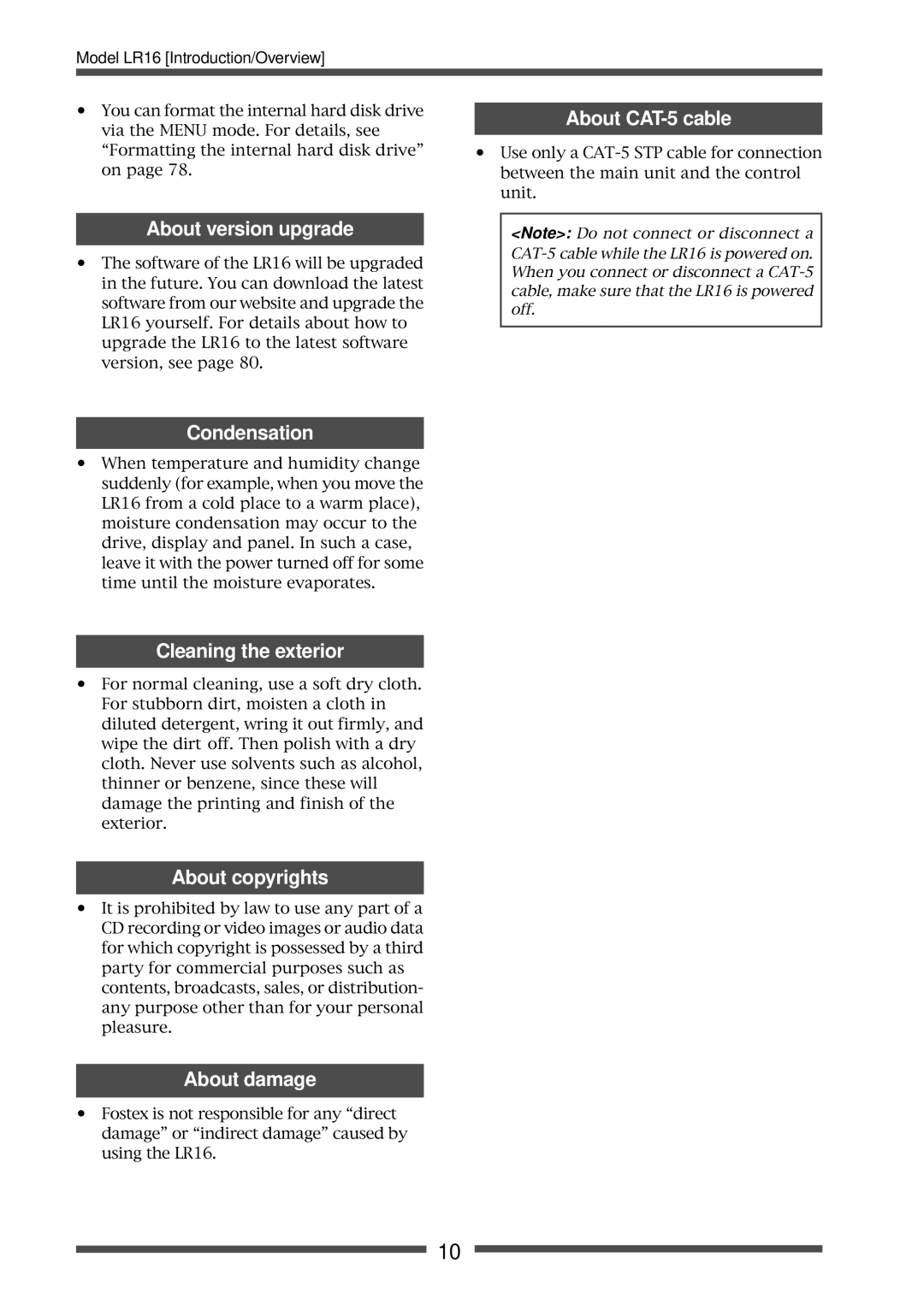 Fostex LR16 About version upgrade, Condensation, Cleaning the exterior, About copyrights, About damage, About CAT-5 cable 