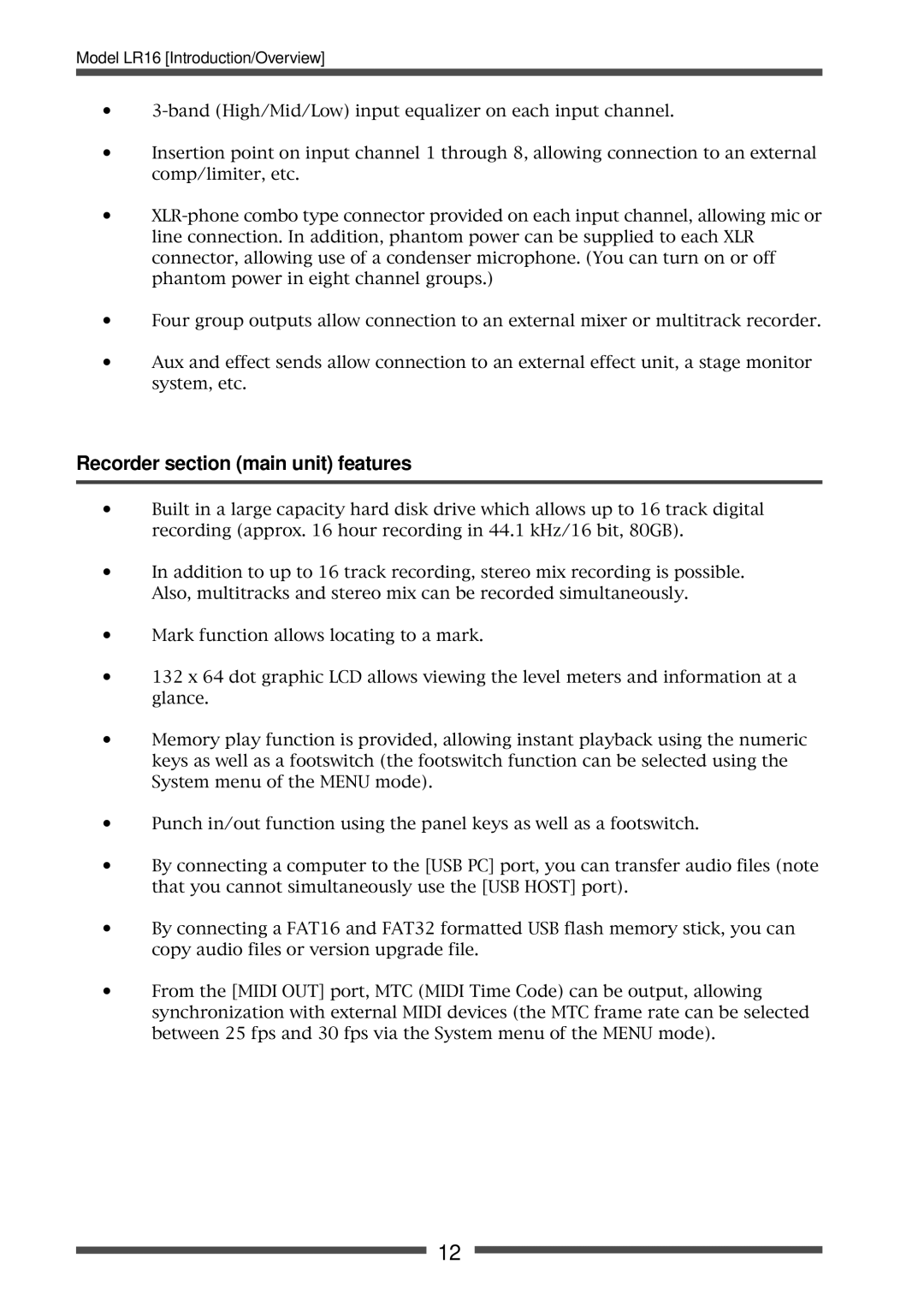 Fostex LR16 manual Recorder section main unit features 