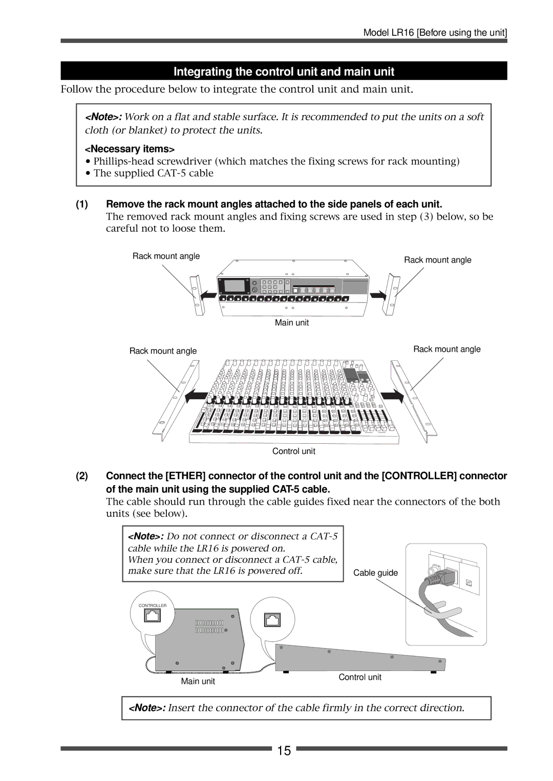 Fostex LR16 manual Integrating the control unit and main unit, Necessary items 