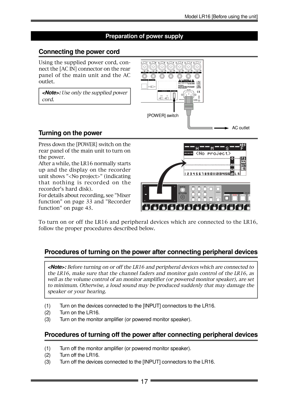 Fostex LR16 manual Connecting the power cord, Turning on the power, Preparation of power supply 