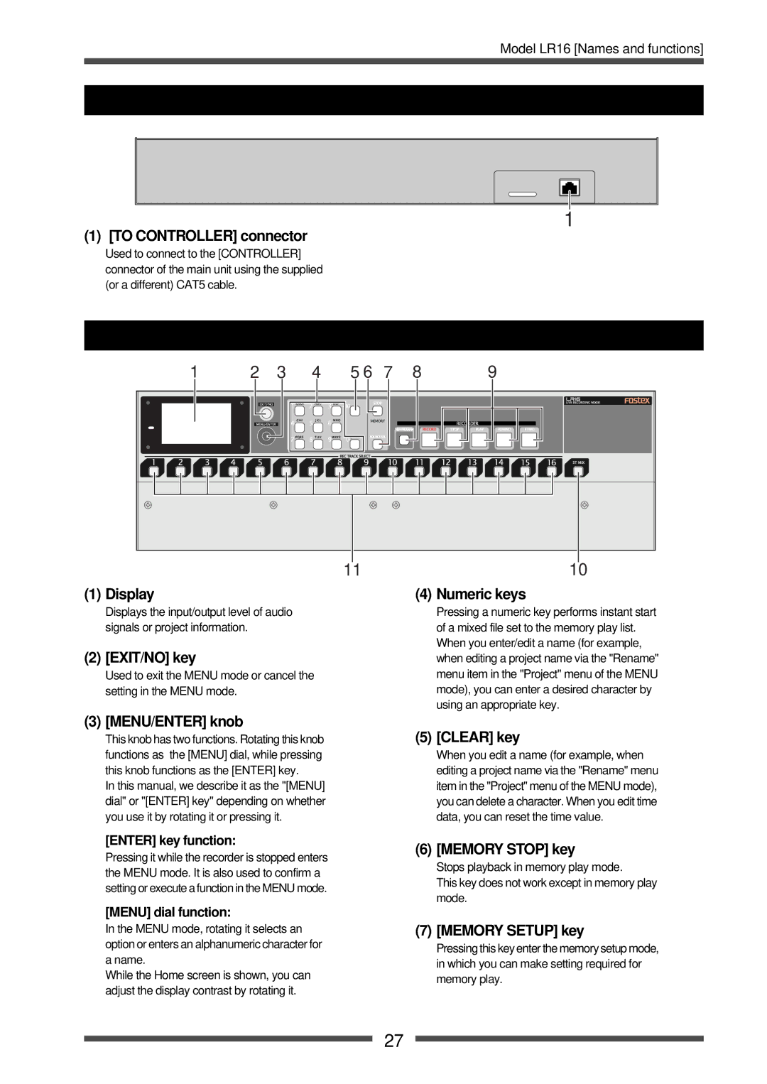 Fostex LR16 manual Control unit rear panel, Main unit front panel 