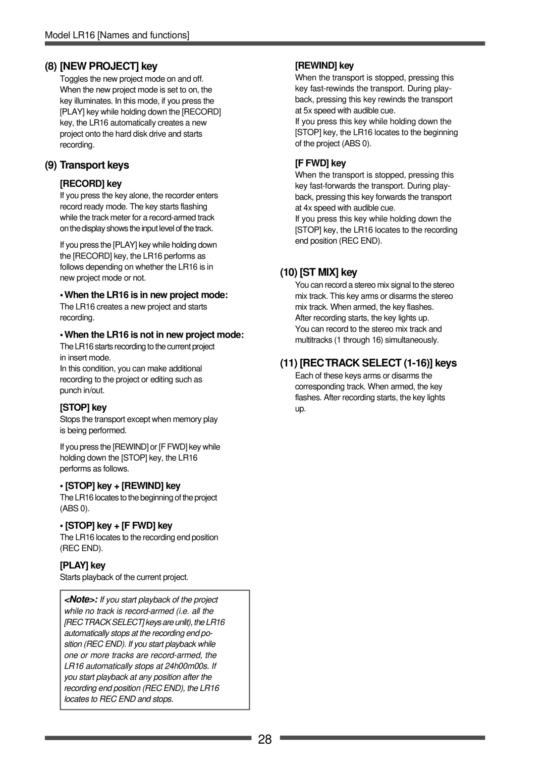 Fostex LR16 manual NEW Project key, Transport keys, ST MIX key, REC Track Select 1-16 keys 